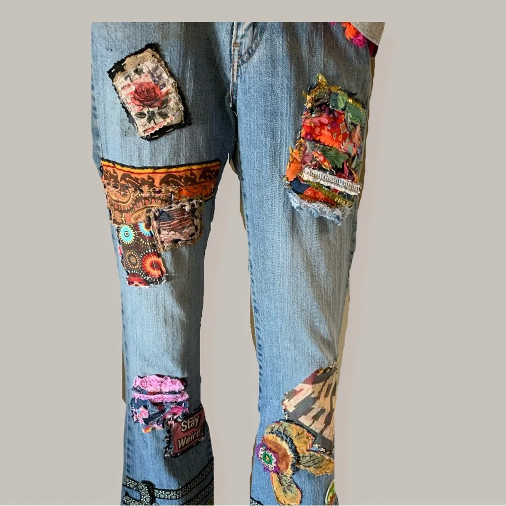Artistic Patchwork Flare Jeans - Picture 3 of 15